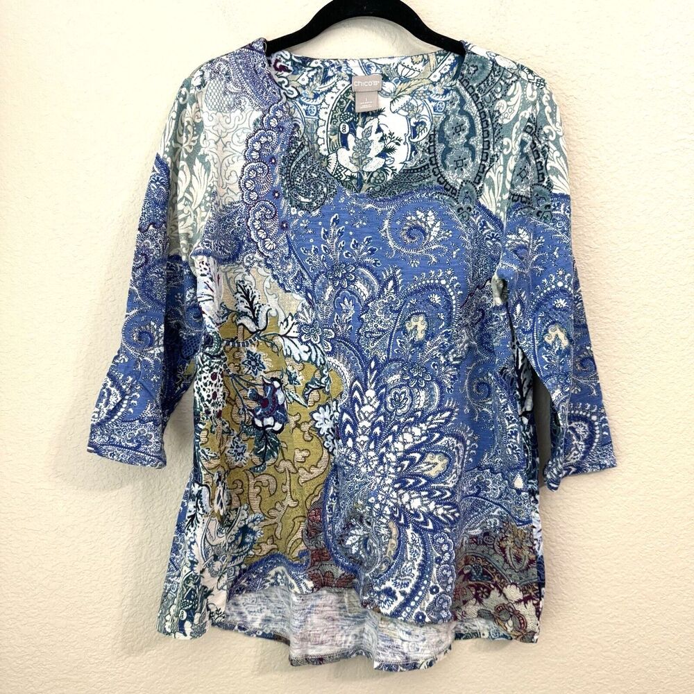 Chicos Shirt Womens Medium Floral Paisley Blue Cotton Blend